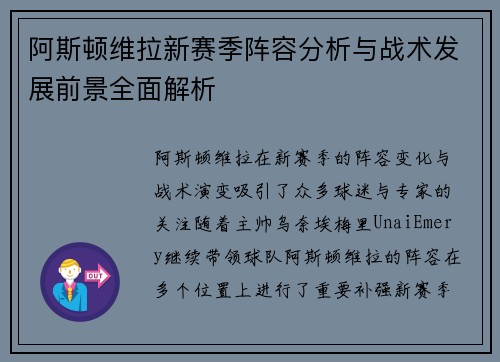 阿斯顿维拉新赛季阵容分析与战术发展前景全面解析